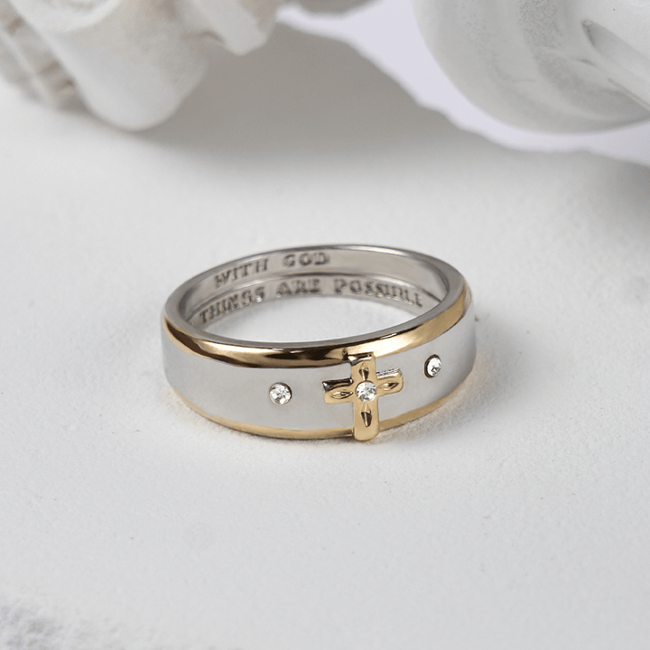 Christianartworkshop – Zweifarbiger Ring aus Goldlegierung im modernen Stil mit Kreuz (Hergestellt im Heiligen Land)