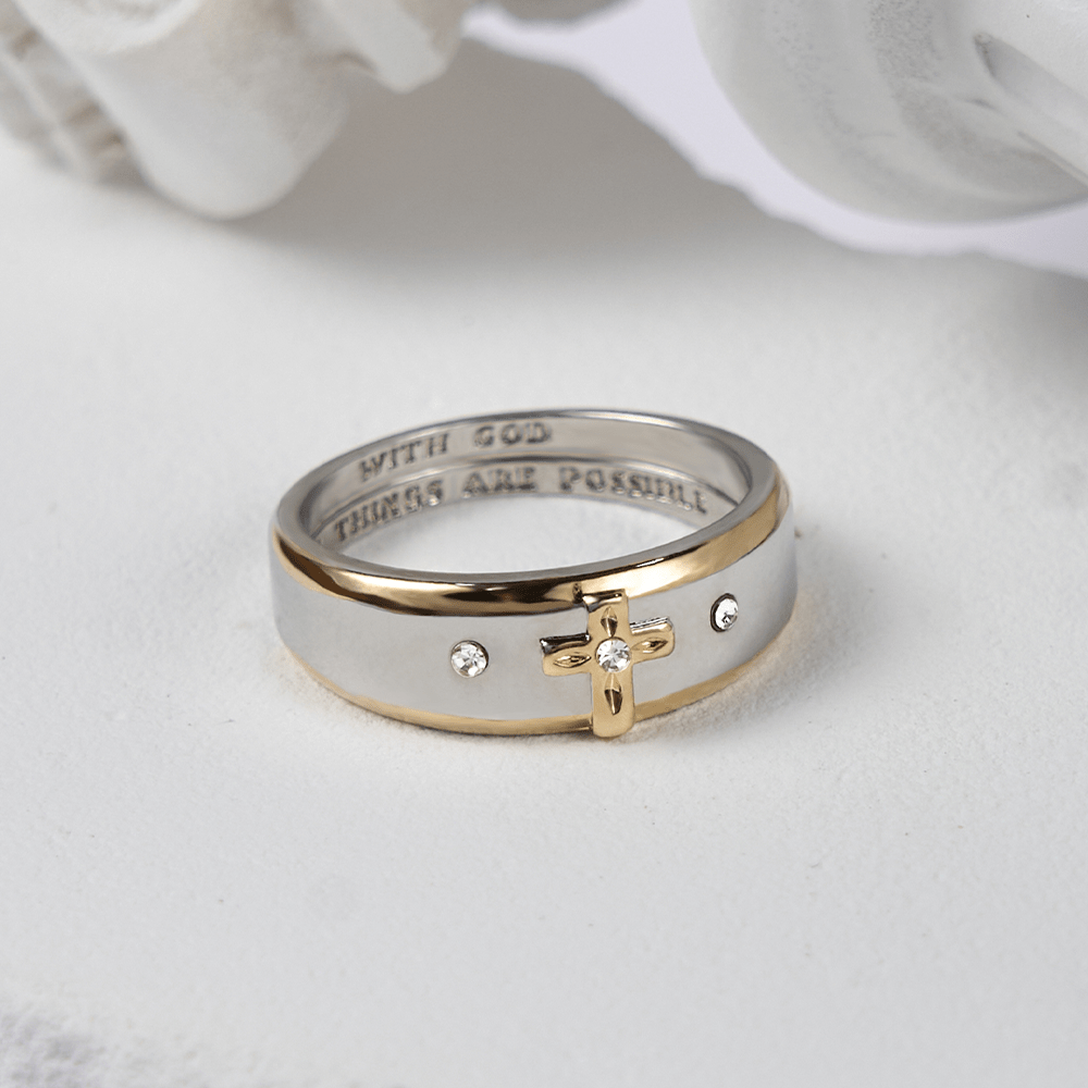 Christianartworkshop Moderner zweifarbiger Goldlegierungsring mit Kreuz - US 13 - image 0