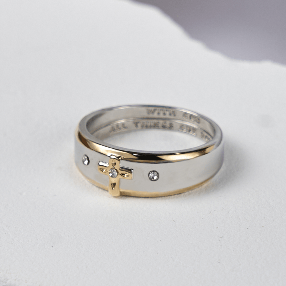 Christianartworkshop – Zweifarbiger Ring aus Goldlegierung im modernen Stil mit Kreuz (Hergestellt im Heiligen Land)