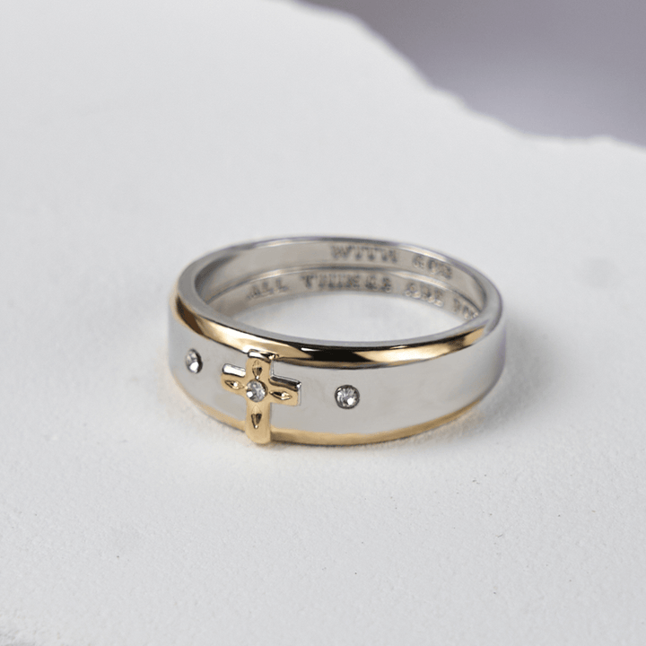 Christianartworkshop – Zweifarbiger Ring aus Goldlegierung im modernen Stil mit Kreuz (Hergestellt im Heiligen Land)