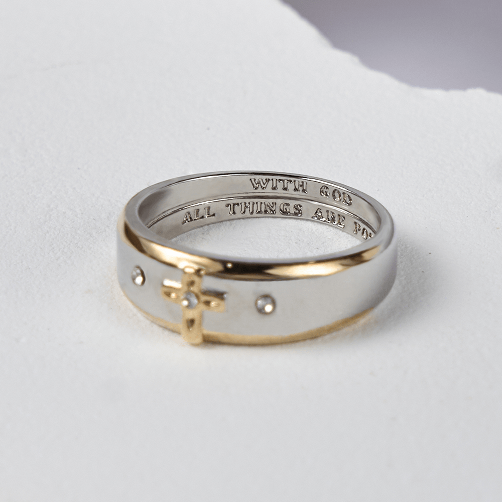 Christianartworkshop – Zweifarbiger Ring aus Goldlegierung im modernen Stil mit Kreuz (Hergestellt im Heiligen Land)