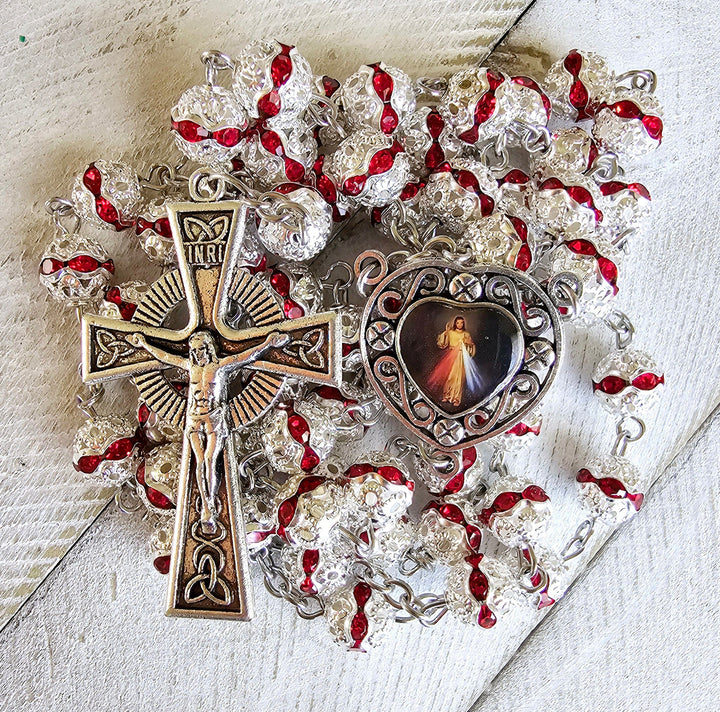 Christianartworkshop Rosenkranz mit Göttlicher Barmherzigkeit und Kruzifix, 8 mm rund, rote Metalllegierung