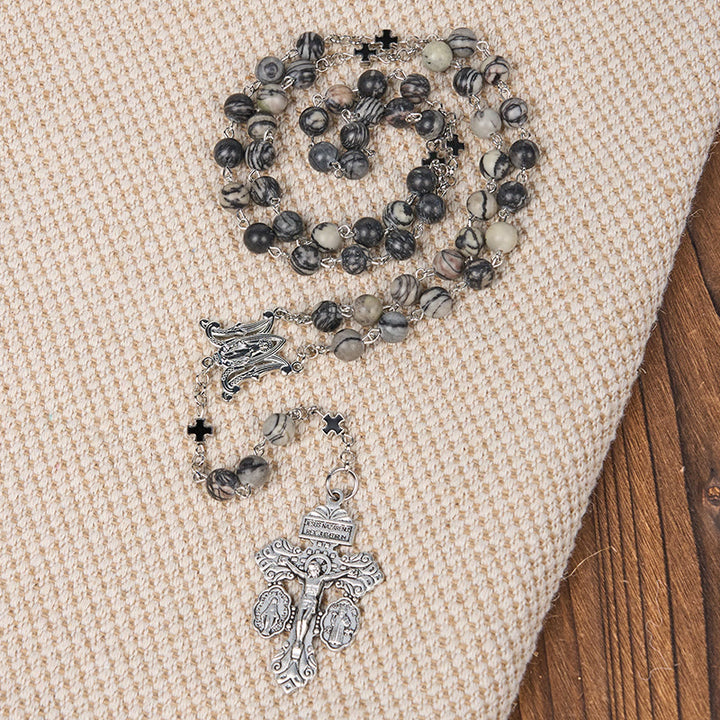 Christianartworkshop Wundertätige Medaille und Kruzifix aus 8 mm rundem Rosenkranz aus Natursteinlegierung in Camouflage-Grau
