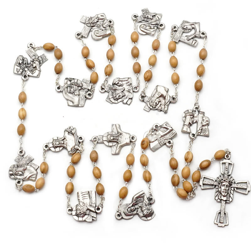 Christianartworkshop Via Crucis 14 Stationen des Kreuzwegs Ovaler Rosenkranz aus Perlmutt/Olivenholzlegierung