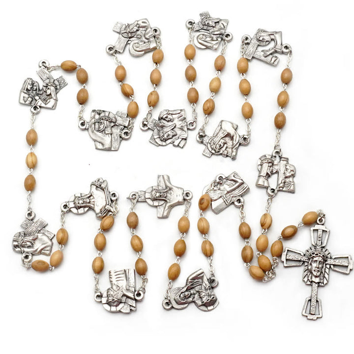 Christianartworkshop Via Crucis 14 Stationen des Kreuzwegs Ovaler Rosenkranz aus Perlmutt/Olivenholzlegierung