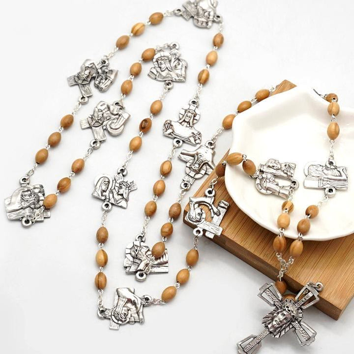 Christianartworkshop Via Crucis 14 Stationen des Kreuzwegs Ovaler Rosenkranz aus Perlmutt/Olivenholzlegierung