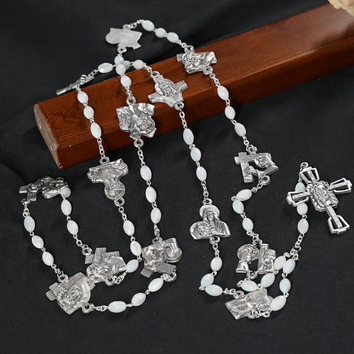 Christianartworkshop Via Crucis 14 Stationen des Kreuzwegs Ovaler Rosenkranz aus Perlmutt/Olivenholzlegierung