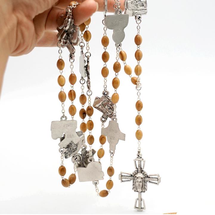 Christianartworkshop Via Crucis 14 Stationen des Kreuzwegs Ovaler Rosenkranz aus Perlmutt/Olivenholzlegierung