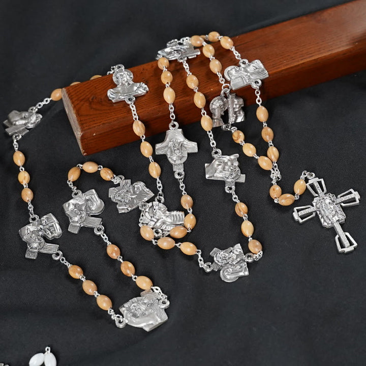 Christianartworkshop Via Crucis 14 Stationen des Kreuzwegs Ovaler Rosenkranz aus Perlmutt/Olivenholzlegierung