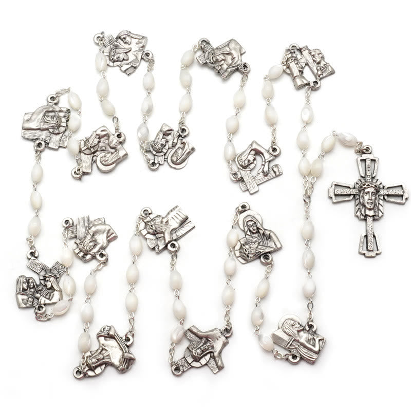 Christianartworkshop Via Crucis 14 Stationen des Kreuzwegs Ovaler Rosenkranz aus Perlmutt/Olivenholzlegierung
