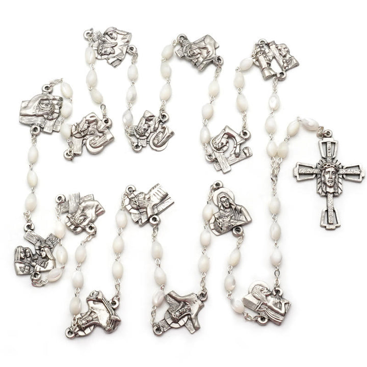 Christianartworkshop Via Crucis 14 Stationen des Kreuzwegs Ovaler Rosenkranz aus Perlmutt/Olivenholzlegierung