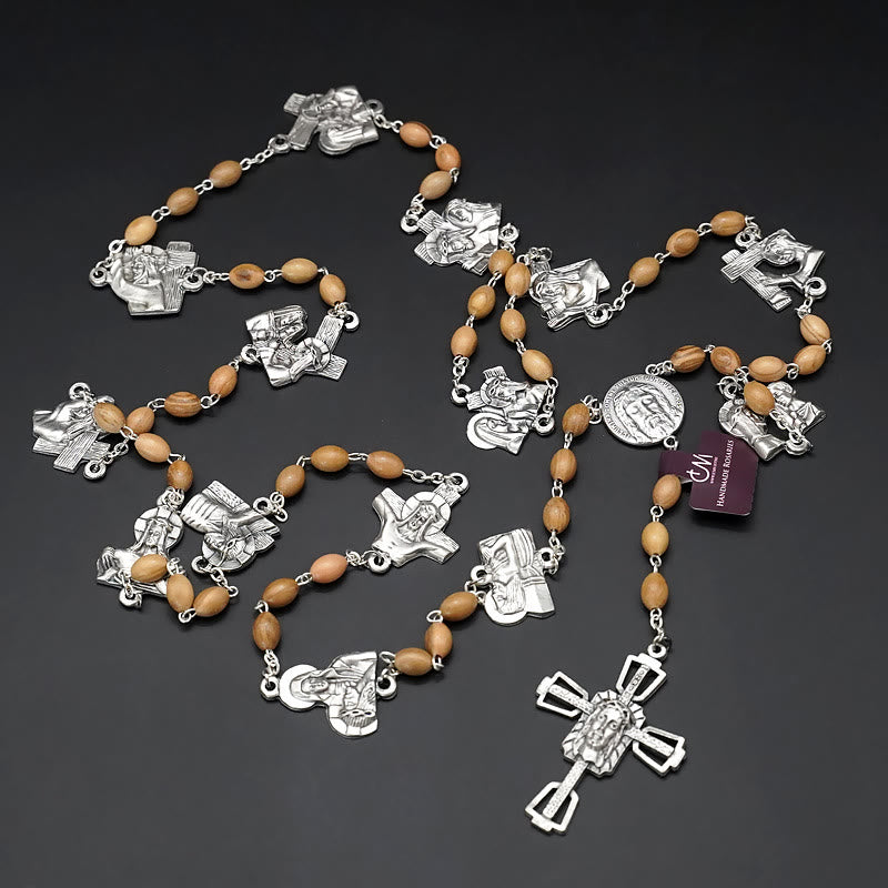 Christianartworkshop Via Crucis 14 Stationen des Kreuzwegs Ovaler Rosenkranz aus Perlmutt/Olivenholzlegierung