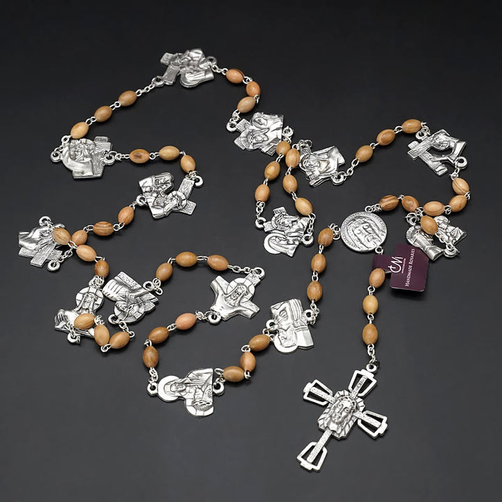 Christianartworkshop Via Crucis 14 Stationen des Kreuzwegs Ovaler Rosenkranz aus Perlmutt/Olivenholzlegierung