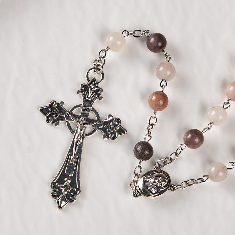 Christianartworkshop Rosenkranz mit Madonna und Kind und Kruzifix, rund, 8 mm, mehrfarbige Achat-Legierung