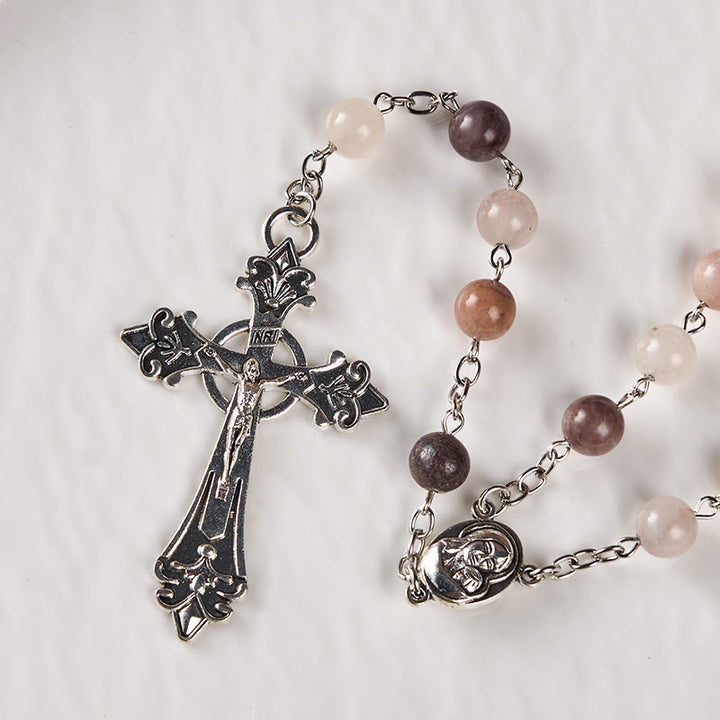 Christianartworkshop Rosenkranz mit Madonna und Kind und Kruzifix, rund, 8 mm, mehrfarbige Achat-Legierung