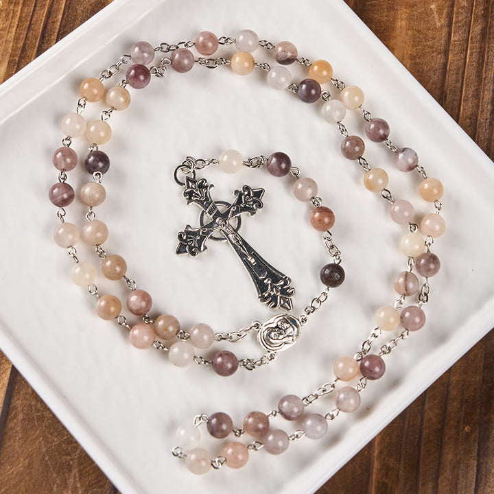 Christianartworkshop Rosenkranz mit Madonna und Kind und Kruzifix, rund, 8 mm, mehrfarbige Achat-Legierung