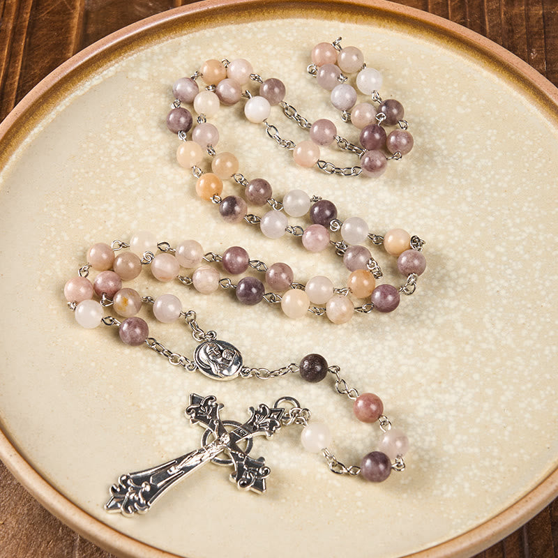 Christianartworkshop Rosenkranz mit Madonna und Kind und Kruzifix, rund, 8 mm, mehrfarbige Achat-Legierung