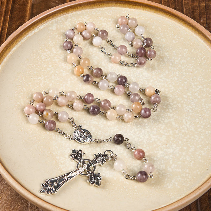 Christianartworkshop Rosenkranz mit Madonna und Kind und Kruzifix, rund, 8 mm, mehrfarbige Achat-Legierung