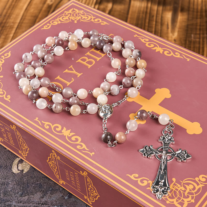Christianartworkshop Rosenkranz mit Madonna und Kind und Kruzifix, rund, 8 mm, mehrfarbige Achat-Legierung