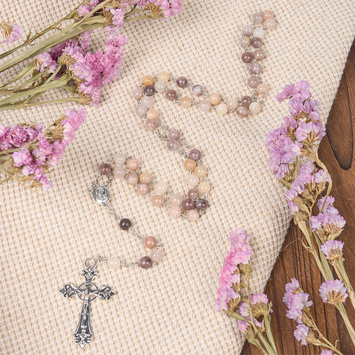 Christianartworkshop Rosenkranz mit Madonna und Kind und Kruzifix, rund, 8 mm, mehrfarbige Achat-Legierung