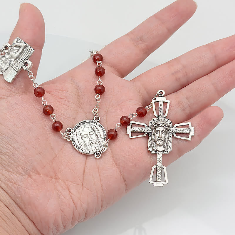 Christianartworkshop Via Crucis, die Stationen des Kreuzes, runder Rosenkranz aus rot/schwarzer Achatlegierung