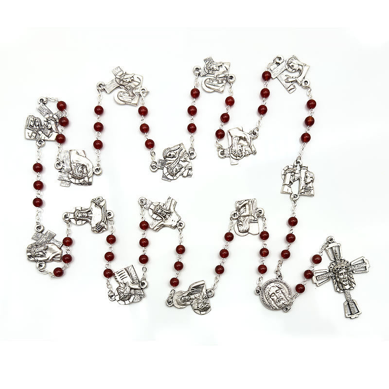 Christianartworkshop Via Crucis, die Stationen des Kreuzes, runder Rosenkranz aus rot/schwarzer Achatlegierung