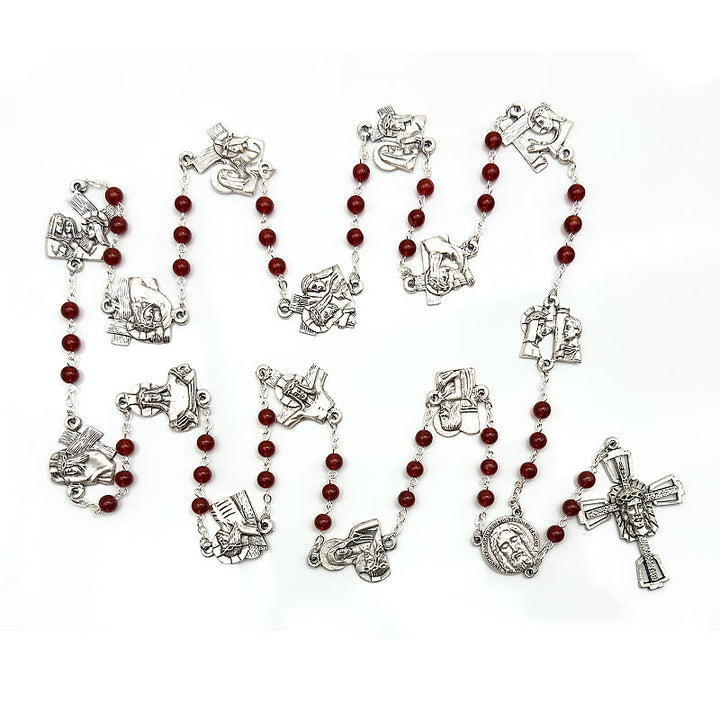 Christianartworkshop Via Crucis, die Stationen des Kreuzes, runder Rosenkranz aus rot/schwarzer Achatlegierung