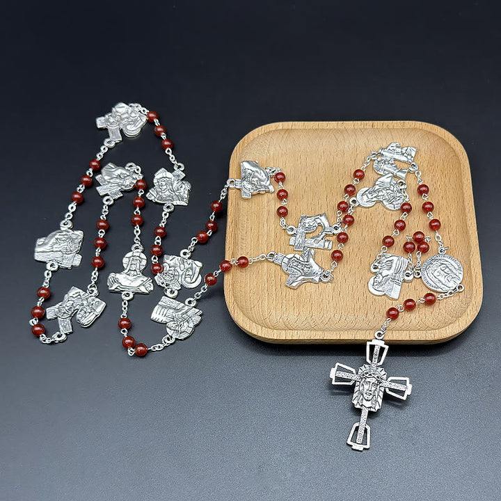 Christianartworkshop Via Crucis, die Stationen des Kreuzes, runder Rosenkranz aus rot/schwarzer Achatlegierung