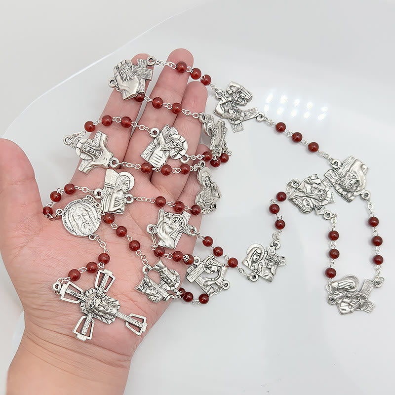 Christianartworkshop Via Crucis, die Stationen des Kreuzes, runder Rosenkranz aus rot/schwarzer Achatlegierung