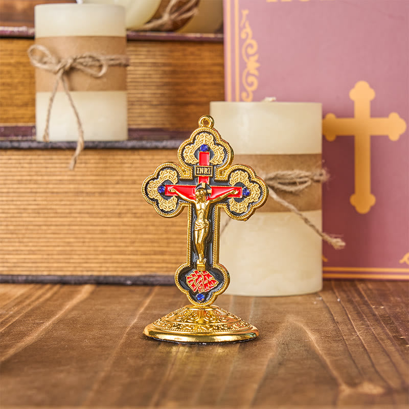 Christianartworkshop Retro-Klassiker-Stil, strahlend verzierter Kruzifix-Ständer, Desktop-Ornamente