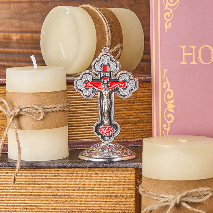 Christianartworkshop Retro-Klassiker-Stil, strahlend verzierter Kruzifix-Ständer, Desktop-Ornamente