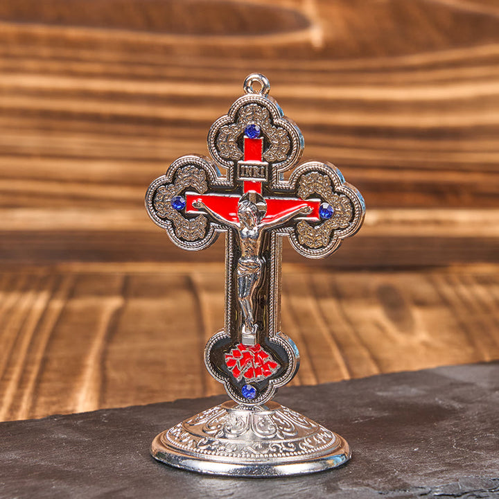 Christianartworkshop Retro-Klassiker-Stil, strahlend verzierter Kruzifix-Ständer, Desktop-Ornamente