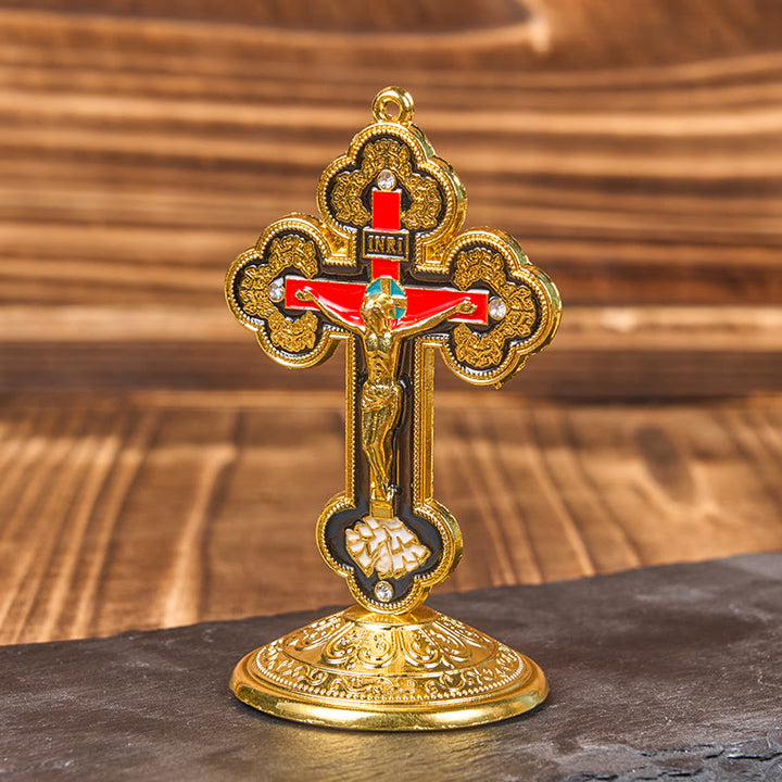 Christianartworkshop Retro-Klassiker-Stil, strahlend verzierter Kruzifix-Ständer, Desktop-Ornamente