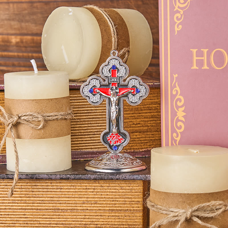 Christianartworkshop Retro-Klassiker-Stil, strahlend verzierter Kruzifix-Ständer, Desktop-Ornamente