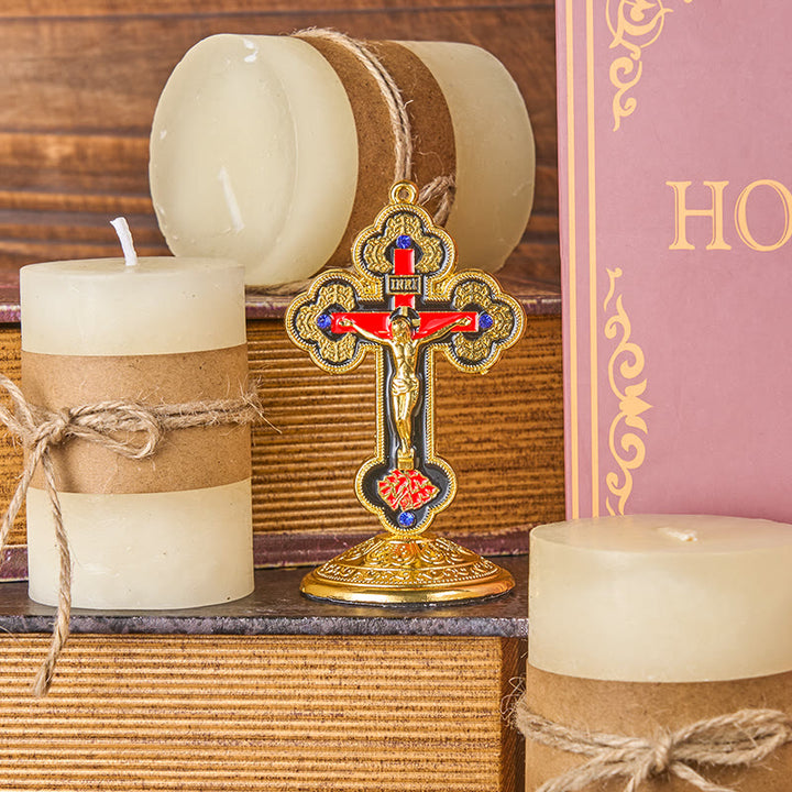 Christianartworkshop Retro-Klassiker-Stil, strahlend verzierter Kruzifix-Ständer, Desktop-Ornamente