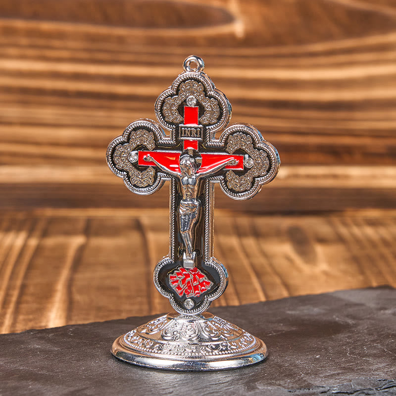 Christianartworkshop Retro-Klassiker-Stil, strahlend verzierter Kruzifix-Ständer, Desktop-Ornamente