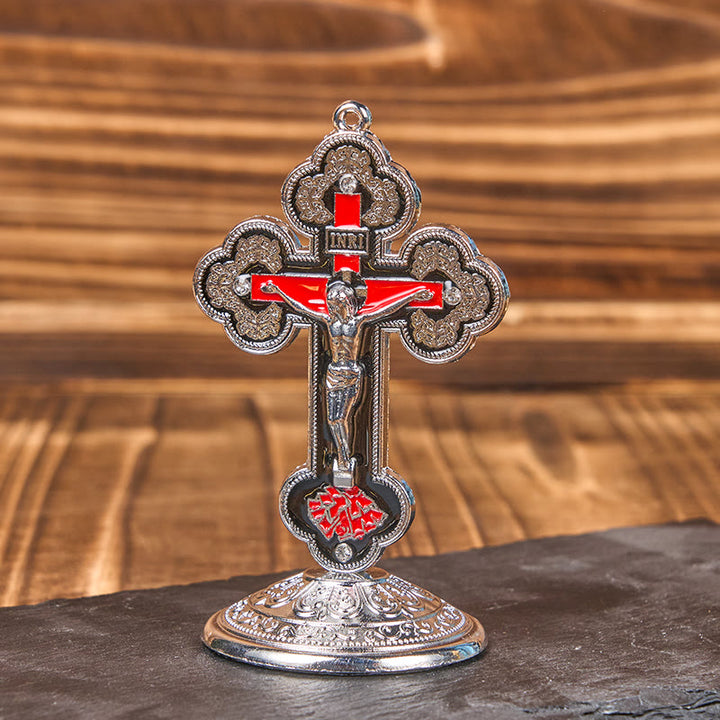 Christianartworkshop Retro-Klassiker-Stil, strahlend verzierter Kruzifix-Ständer, Desktop-Ornamente