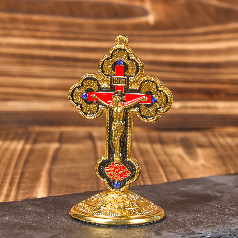 Christianartworkshop Retro-Klassiker-Stil, strahlend verzierter Kruzifix-Ständer, Desktop-Ornamente
