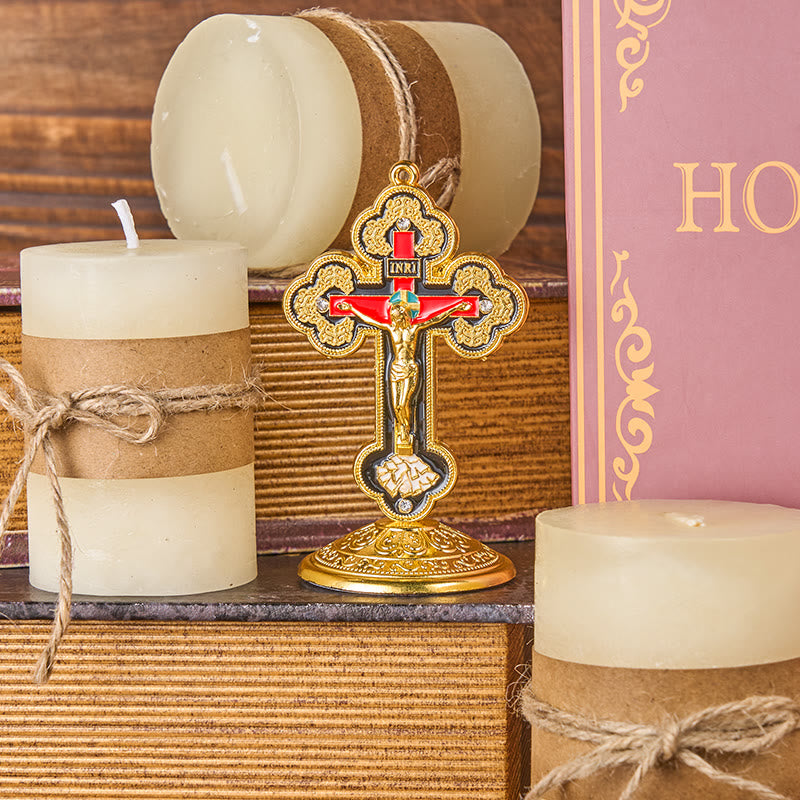 Christianartworkshop Retro-Klassiker-Stil, strahlend verzierter Kruzifix-Ständer, Desktop-Ornamente