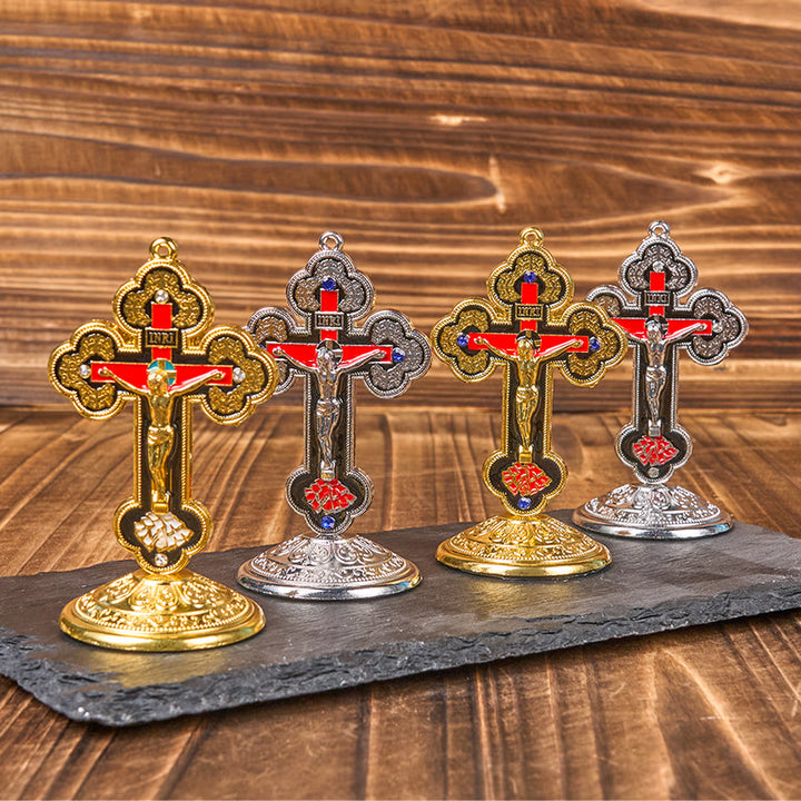 Christianartworkshop Retro-Klassiker-Stil, strahlend verzierter Kruzifix-Ständer, Desktop-Ornamente