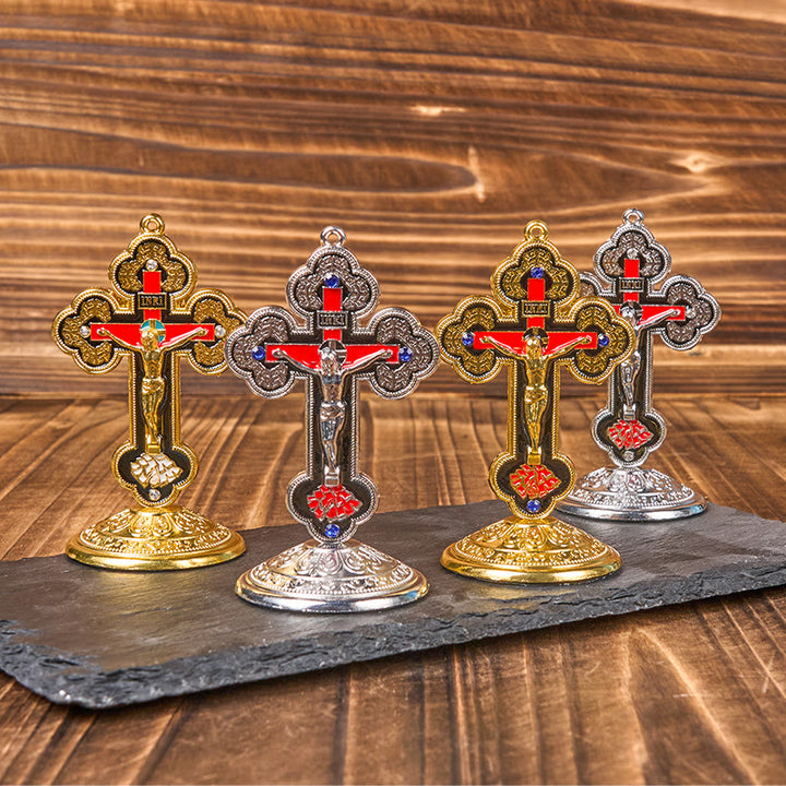 Christianartworkshop Retro-Klassiker-Stil, strahlend verzierter Kruzifix-Ständer, Desktop-Ornamente