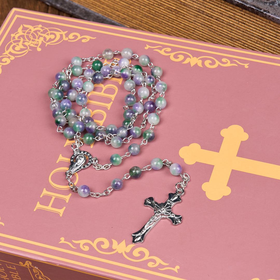 Christianartworkshop Rosenkranzkette Jungfrau Maria & Kruzifix aus 6 mm runder violett-grüner Achatlegierung