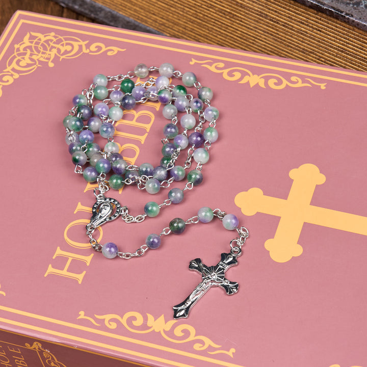 Christianartworkshop Rosenkranzkette Jungfrau Maria & Kruzifix aus 6 mm runder violett-grüner Achatlegierung