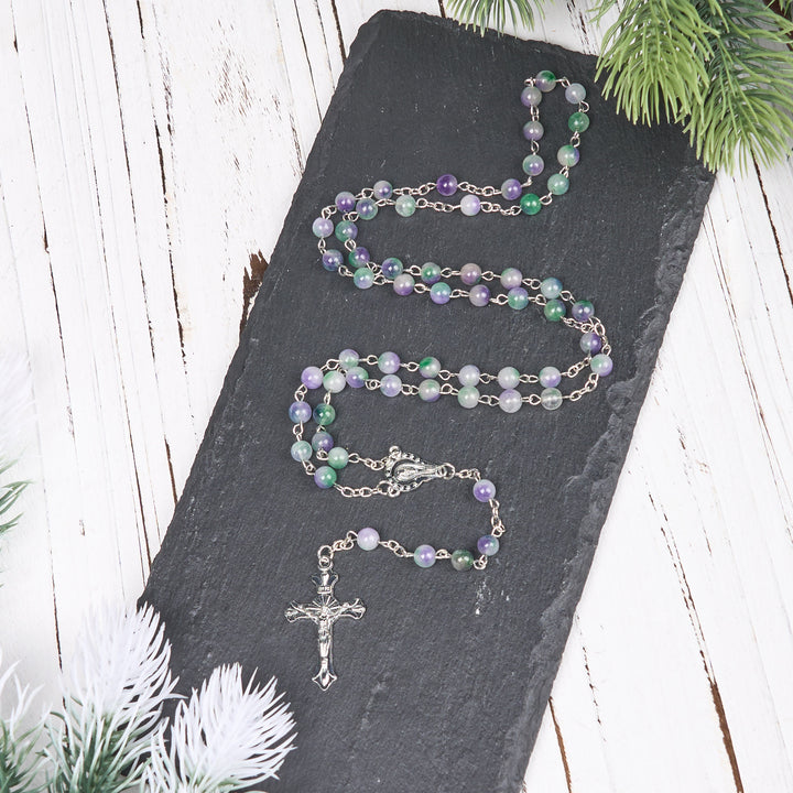 Christianartworkshop Rosenkranzkette Jungfrau Maria & Kruzifix aus 6 mm runder violett-grüner Achatlegierung