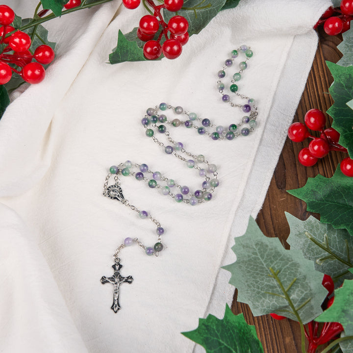 Christianartworkshop Rosenkranzkette Jungfrau Maria & Kruzifix aus 6 mm runder violett-grüner Achatlegierung