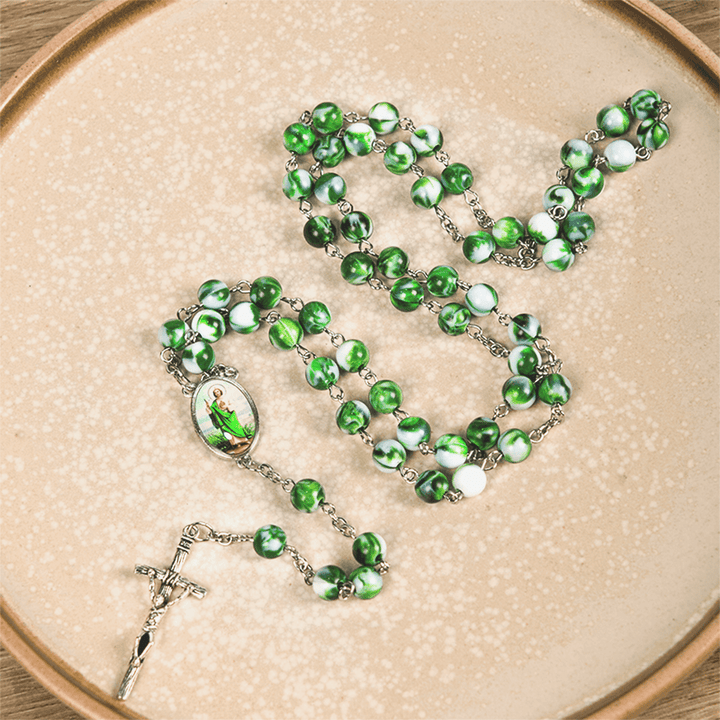 Christianartworkshop Rosenkranz mit Heiligem Judas Thaddäus und Kruzifix, 8 mm rund, grüne Kette aus Acryllegierung
