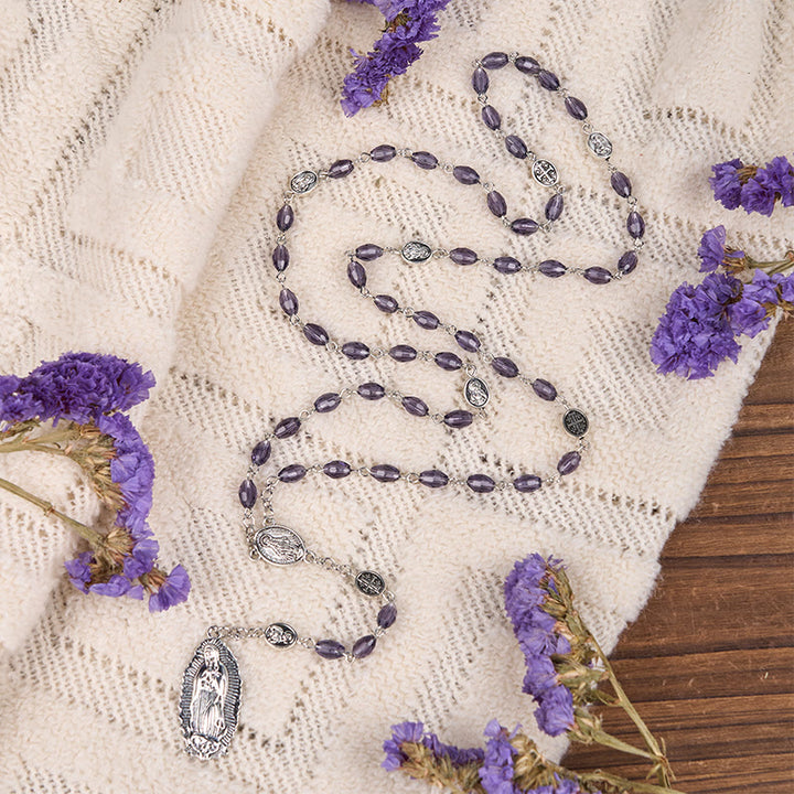 Christianartworkshop Wundertätige Medaille & Unsere Liebe Frau von Guadalupe, 6 x 8 mm, oval, violett, Kristalllegierung, Rosenkranz