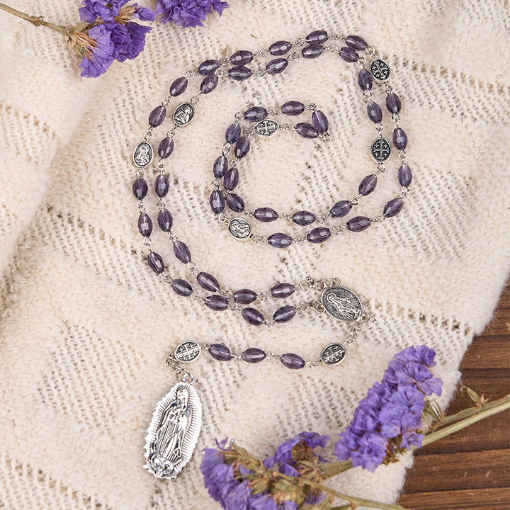 Christianartworkshop Wundertätige Medaille & Unsere Liebe Frau von Guadalupe, 6 x 8 mm, oval, violett, Kristalllegierung, Rosenkranz