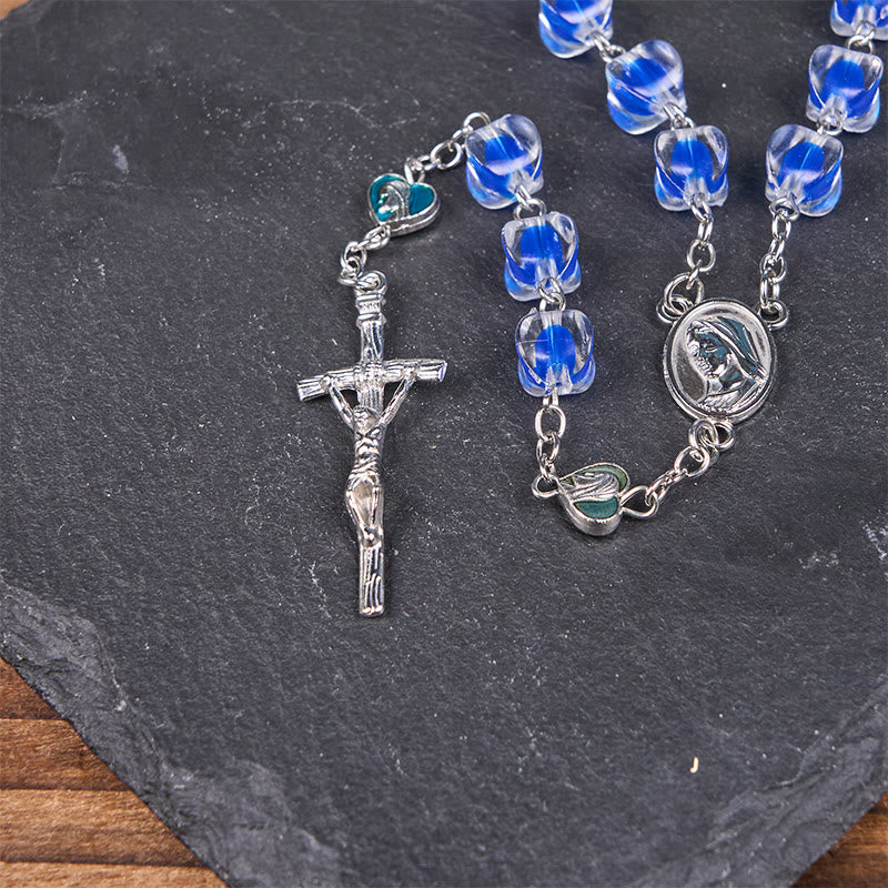 Christianartworkshop Rosenkranz mit Kette aus Acryllegierung, Unsere Liebe Frau und Kruzifix, 10 mm, Polyeder, Blau