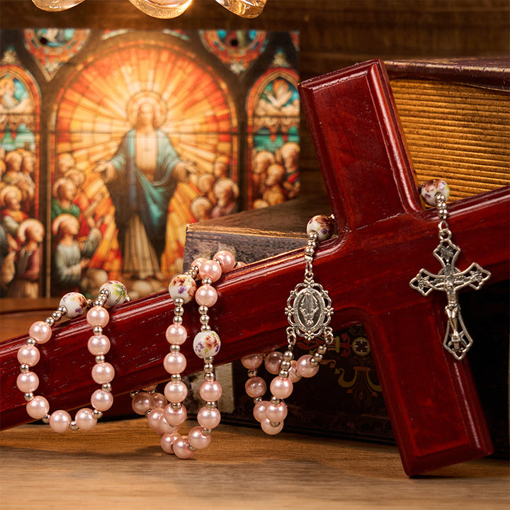 Christianartworkshop Wundertätige Medaille und Kruzifix aus 10 mm runden, mehrfarbigen Perlen/Keramik-Rosenkranz